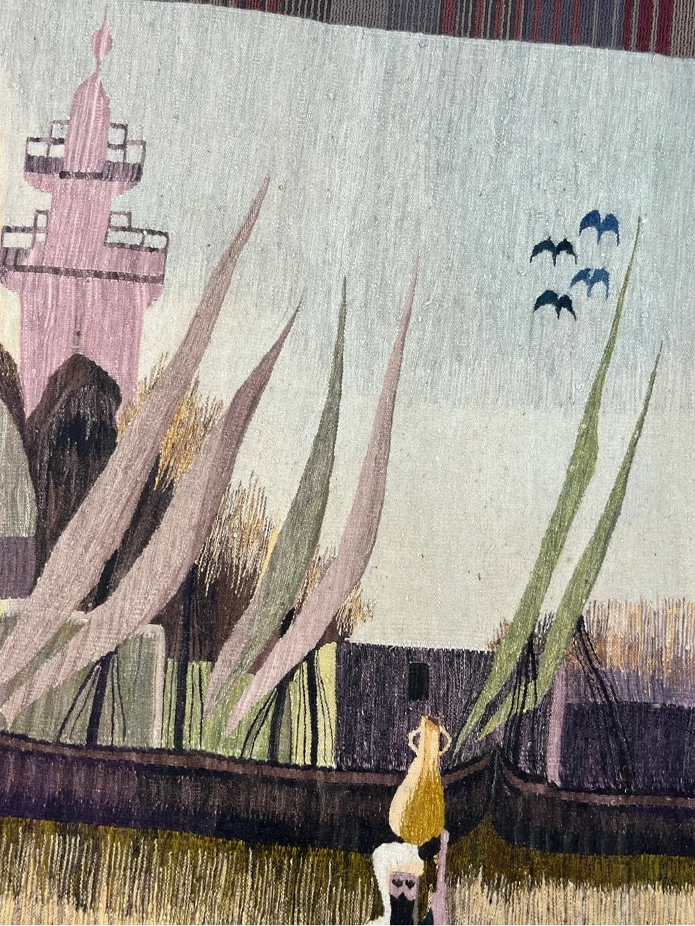 Handwoven Scenic Tapestry Wall Decor in Pastel Greens and Pinks 58x82”